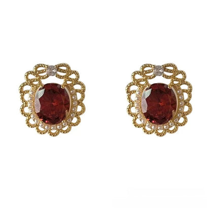 Retro Round Stud Earrings With Crystal Inlay In Wine Red, Alloy Body Featuring 925 Sterling Silver Ear Pins