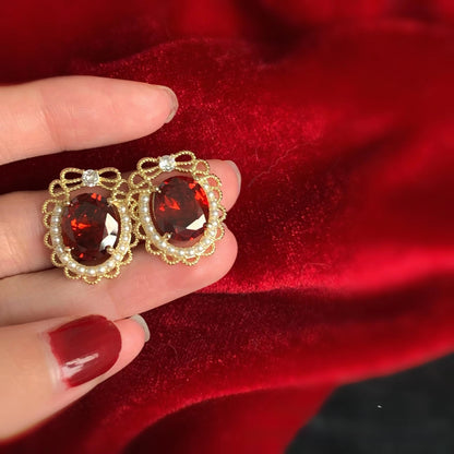 Retro Round Stud Earrings With Crystal Inlay In Wine Red, Alloy Body Featuring 925 Sterling Silver Ear Pins