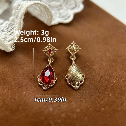 Water Droplets Earrings For Women In Red Alloy With 925 Sterling Silver Studs And Gem Inlay