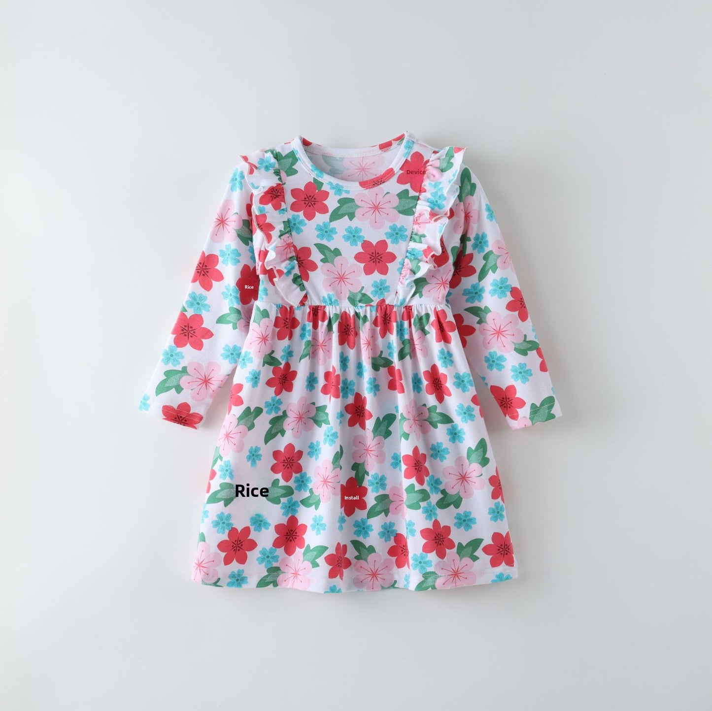 British Style Girls' Cotton Dress With Flowers Pattern Featuring Printing Craft In Multicolor And Long Sleeve