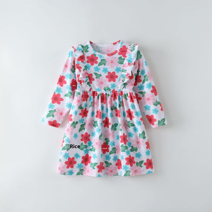British Style Girls' Cotton Dress With Flowers Pattern Featuring Printing Craft In Multicolor And Long Sleeve