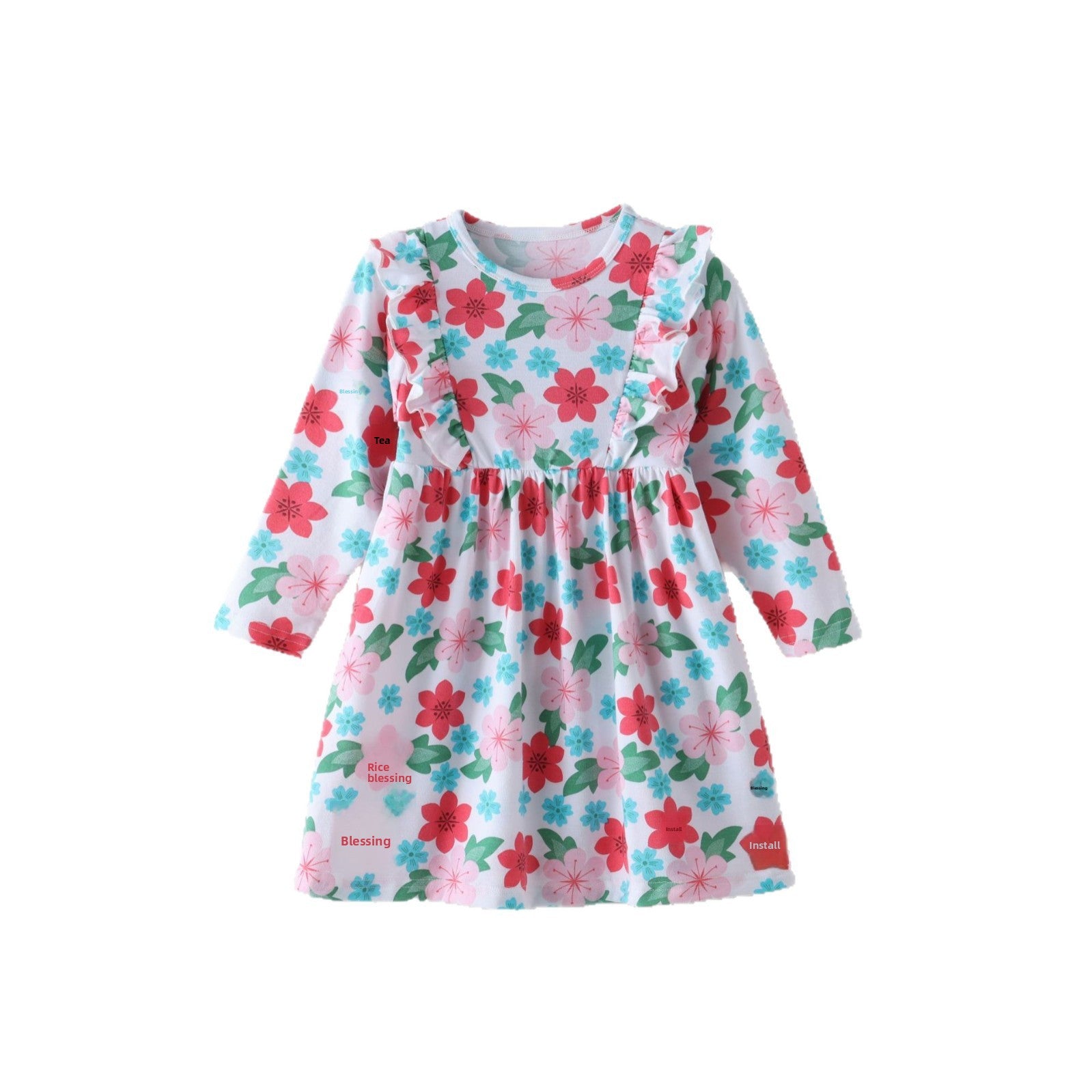 British Style Girls' Cotton Dress With Flowers Pattern Featuring Printing Craft In Multicolor And Long Sleeve