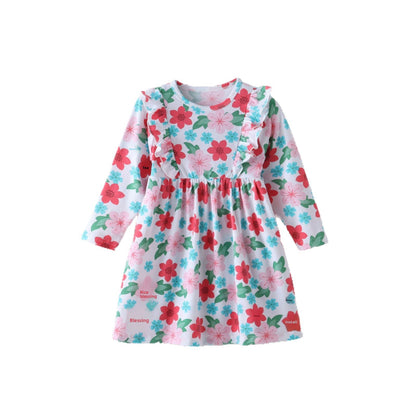 British Style Girls' Cotton Dress With Flowers Pattern Featuring Printing Craft In Multicolor And Long Sleeve