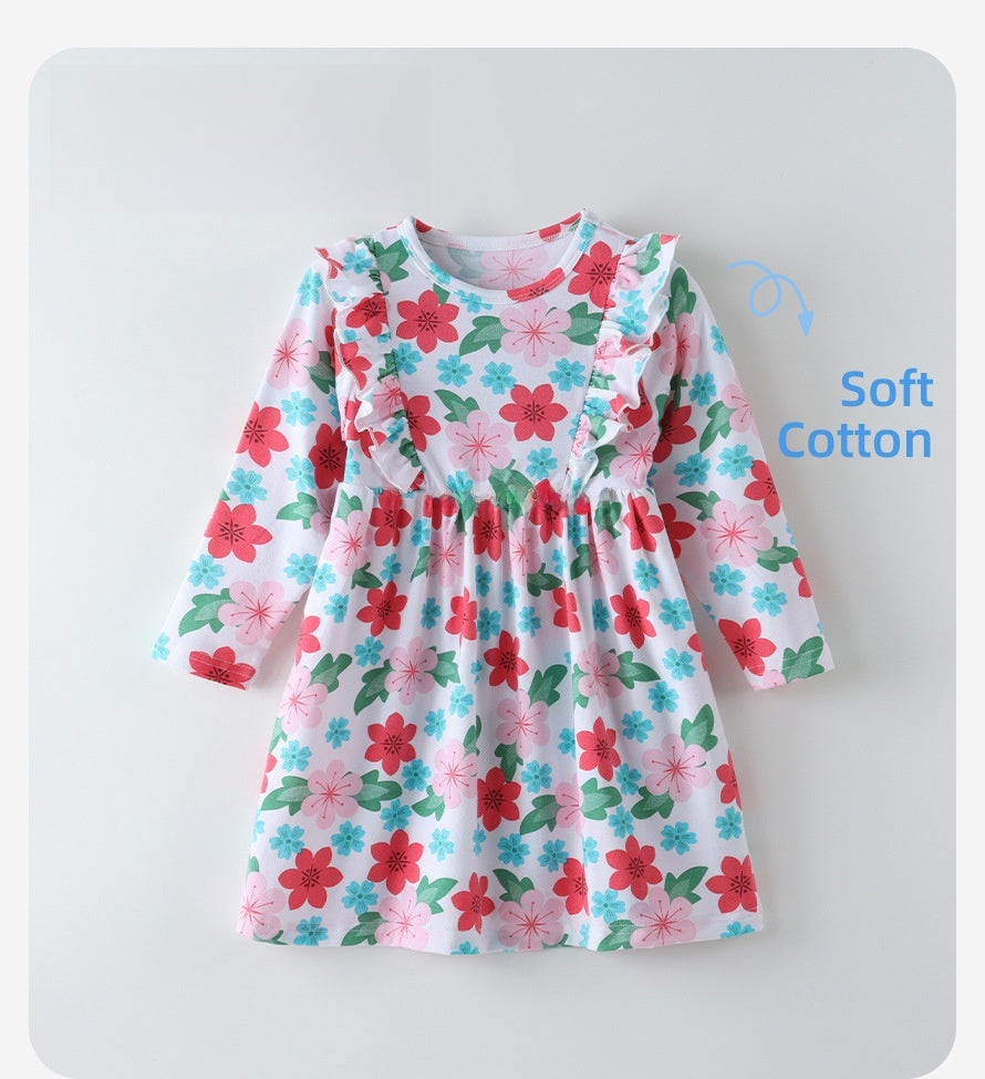 British Style Girls' Cotton Dress With Flowers Pattern Featuring Printing Craft In Multicolor And Long Sleeve