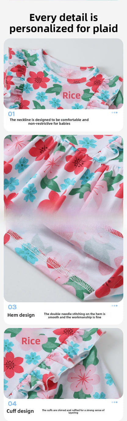 British Style Girls' Cotton Dress With Flowers Pattern Featuring Printing Craft In Multicolor And Long Sleeve