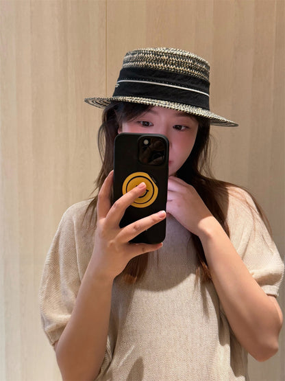 French Style Women’s Stripe Straw Hat With Short Brim, Featuring UV Protection And Braid Craftsmanship
