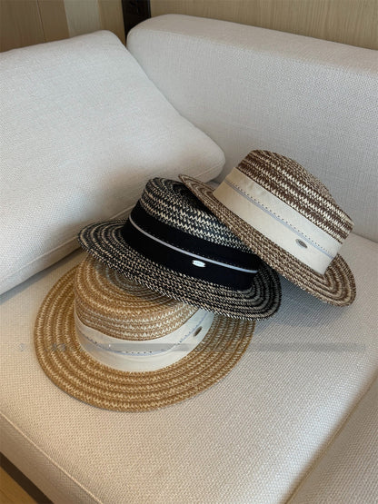 French Style Women’s Stripe Straw Hat With Short Brim, Featuring UV Protection And Braid Craftsmanship