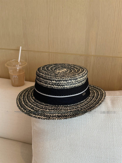 French Style Women’s Stripe Straw Hat With Short Brim, Featuring UV Protection And Braid Craftsmanship
