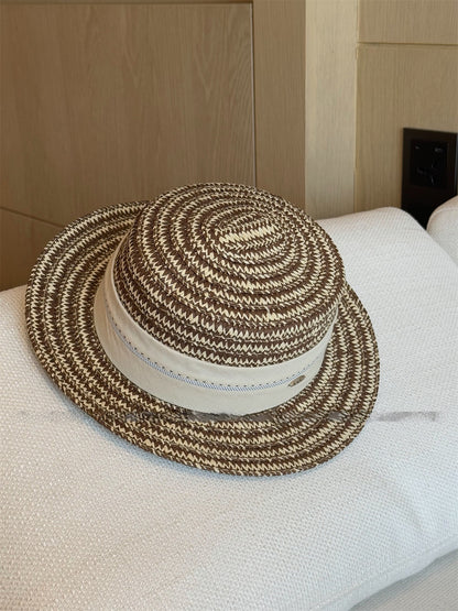 French Style Women’s Stripe Straw Hat With Short Brim, Featuring UV Protection And Braid Craftsmanship