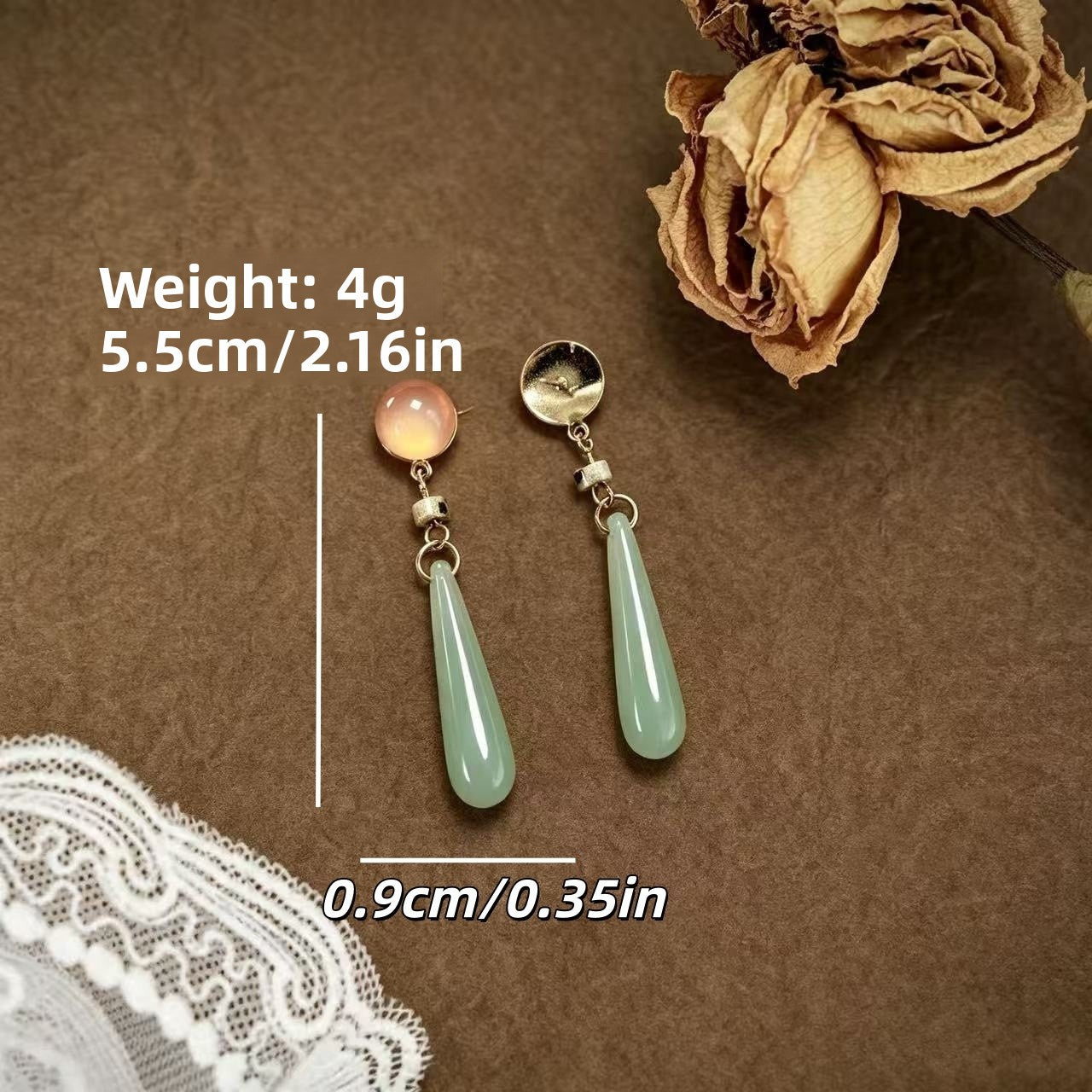 Elegant Water Droplets Clip Earrings For Women In Green Natural Stone With 925 Sterling Silver Studs