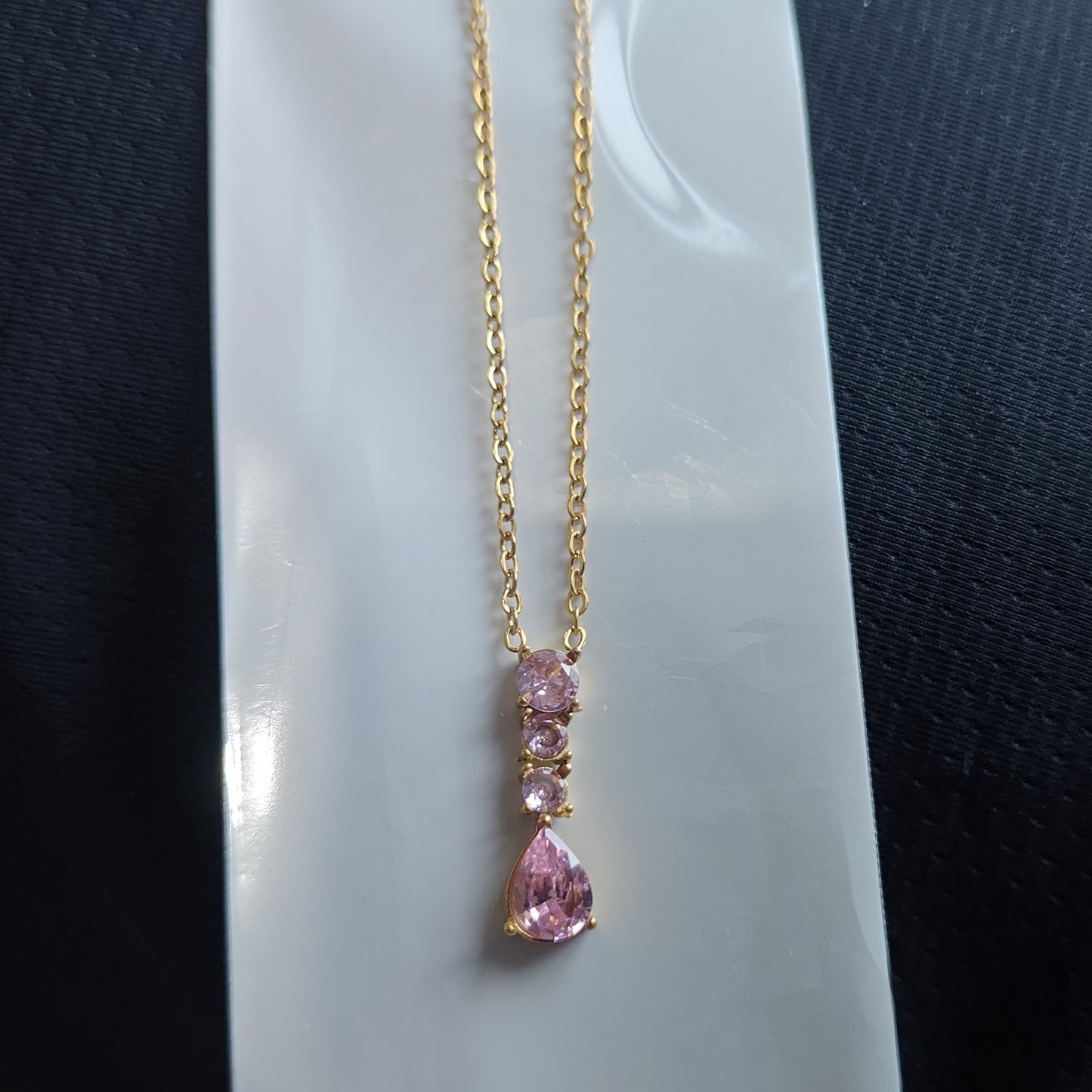 Water Droplets Pendant Necklace In Titanium Steel With Zircon Inlay, PVD Coated Chain For Women