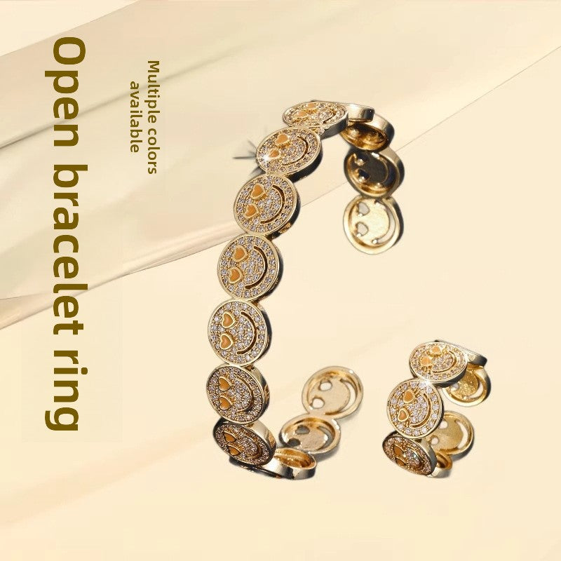 Smiley Face Copper Bangle For Women With Zircon Inlay, 1 Set