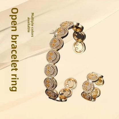 Smiley Face Copper Bangle For Women With Zircon Inlay, 1 Set