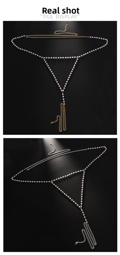 Trillion-cut Silver Body Chain For Unisex Featuring Rhinestones And White Crystal With Electroplated Finish