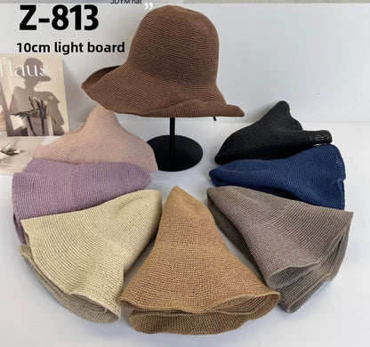 Solid Color Wide Brim Bucket Hat For Women In Straw Material With Braid Craft, Featuring UV Protection For Commute