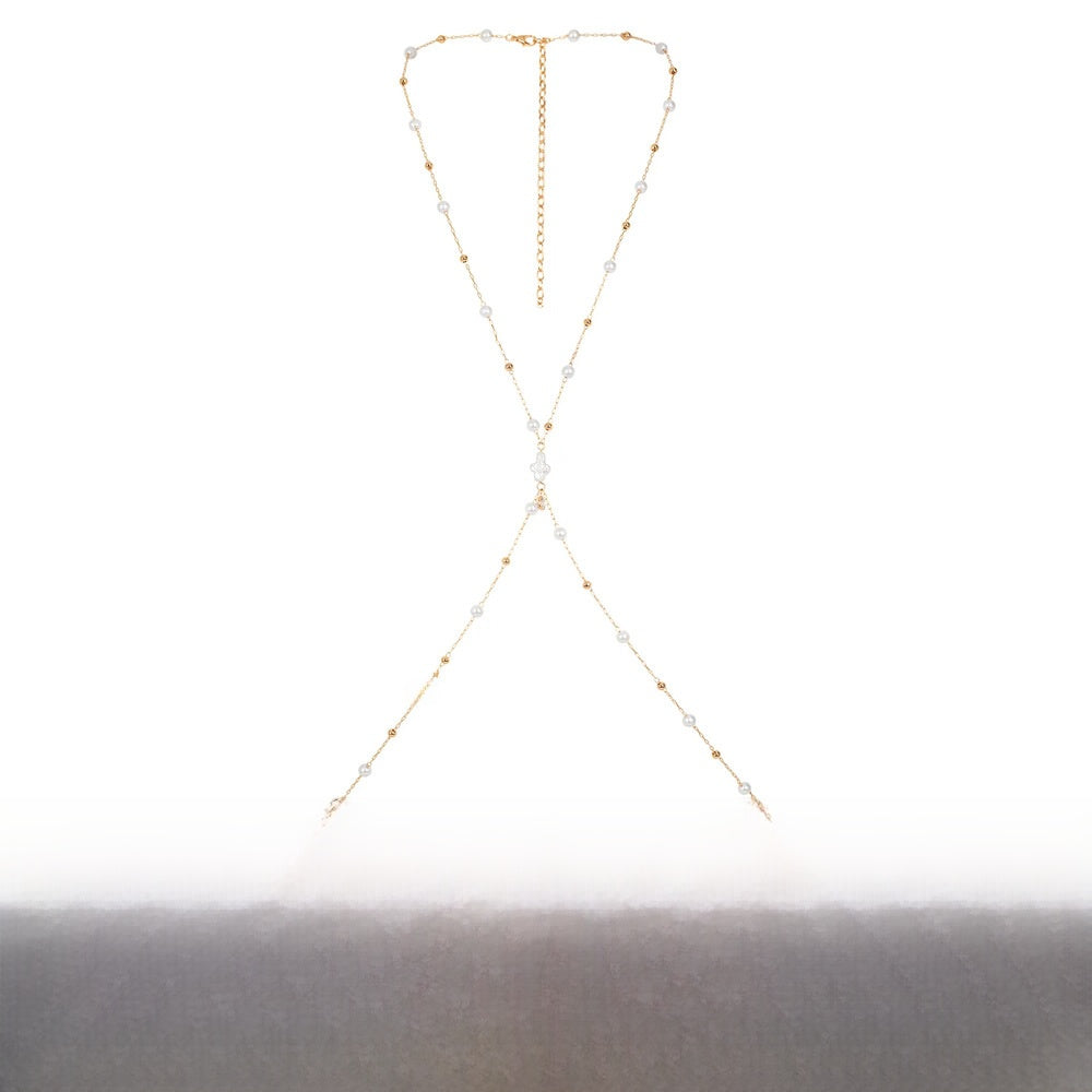 Women’s Silver Alloy Body Chain Featuring White Crystal Inlay And Cross Pattern With Electroplated Finish