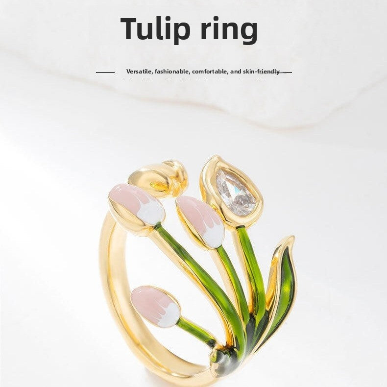 Sweet Adjustable Ring For Women Featuring Electroplated Zinc Alloy With Tulips Design