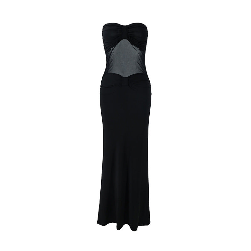 Sexy Solid Color Sleeveless Mesh Dress With Tube Bra Neckline In Polyester For Nightclub
