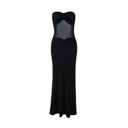 Sexy Solid Color Sleeveless Mesh Dress With Tube Bra Neckline In Polyester For Nightclub