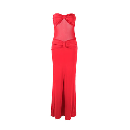 Sexy Solid Color Sleeveless Mesh Dress With Tube Bra Neckline In Polyester For Nightclub