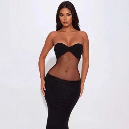 Sexy Solid Color Sleeveless Mesh Dress With Tube Bra Neckline In Polyester For Nightclub