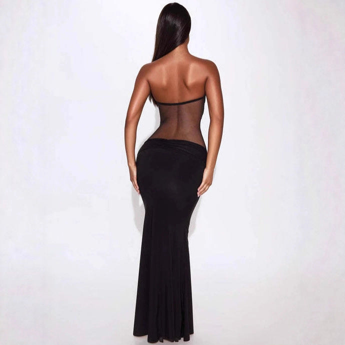 Sexy Solid Color Sleeveless Mesh Dress With Tube Bra Neckline In Polyester For Nightclub