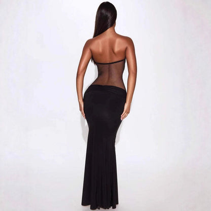 Sexy Solid Color Sleeveless Mesh Dress With Tube Bra Neckline In Polyester For Nightclub