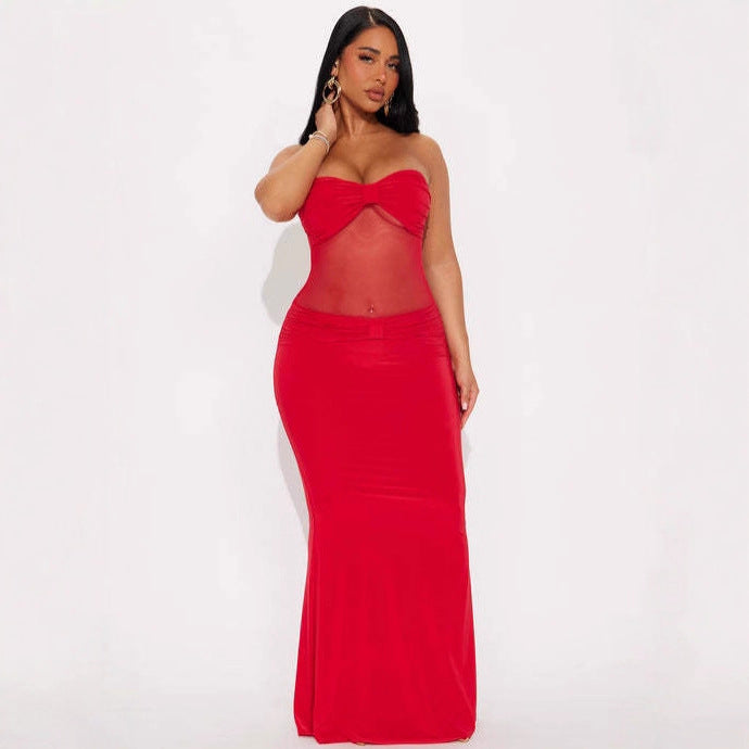 Sexy Solid Color Sleeveless Mesh Dress With Tube Bra Neckline In Polyester For Nightclub