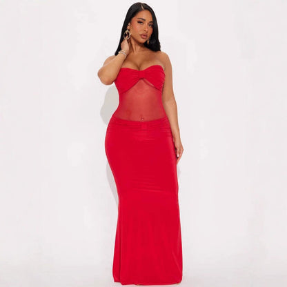 Sexy Solid Color Sleeveless Mesh Dress With Tube Bra Neckline In Polyester For Nightclub