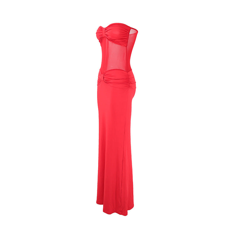 Sexy Solid Color Sleeveless Mesh Dress With Tube Bra Neckline In Polyester For Nightclub