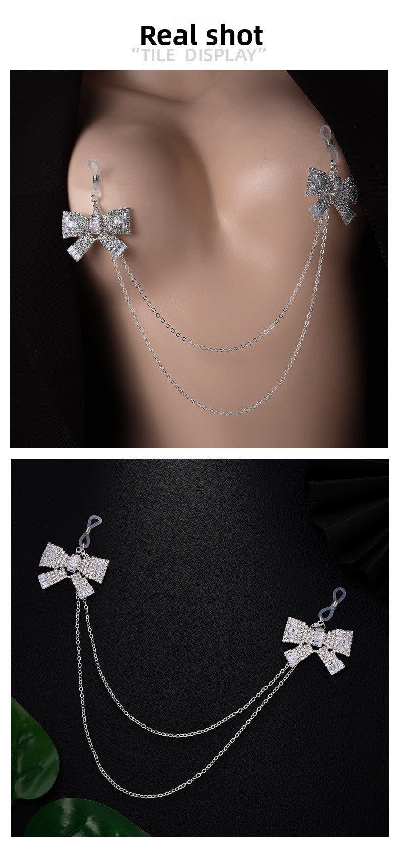 Silver Alloy Body Chain For Women Featuring White Crystal Inlay And Elegant Bow Tie Pattern
