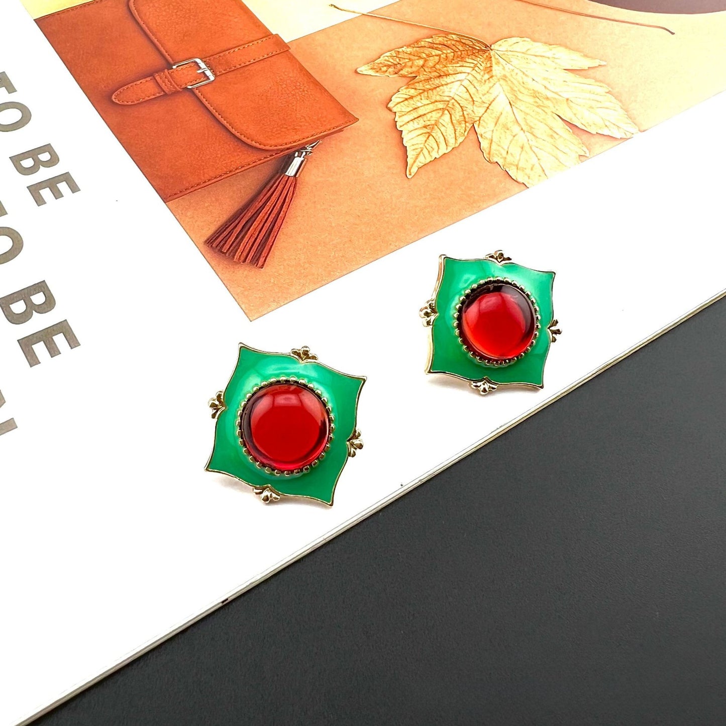 Retro Geometric Silver Enamel Stud Earrings In Alloy With Clip-On Ear Caps