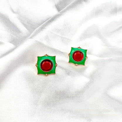 Retro Geometric Silver Enamel Stud Earrings In Alloy With Clip-On Ear Caps