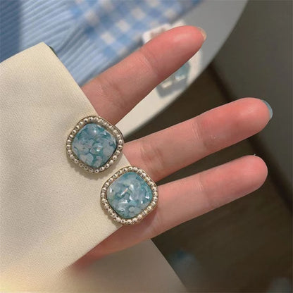 Square Blue Alloy Earrings For Unisex Featuring Baroque Style And Gem Inlay, Perfect Stud Earrings