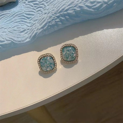 Square Blue Alloy Earrings For Unisex Featuring Baroque Style And Gem Inlay, Perfect Stud Earrings