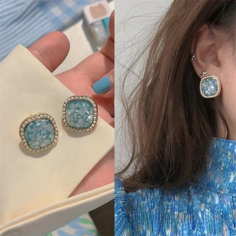 Square Blue Alloy Earrings For Unisex Featuring Baroque Style And Gem Inlay, Perfect Stud Earrings