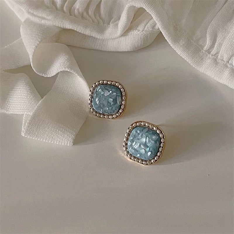 Square Blue Alloy Earrings For Unisex Featuring Baroque Style And Gem Inlay, Perfect Stud Earrings