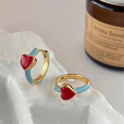 Elegant Heart Shape Stud Earrings In Red Featuring Copper Ear Pins With Asymmetrical Design