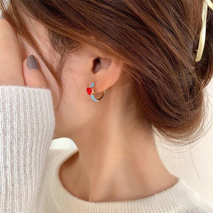 Elegant Heart Shape Stud Earrings In Red Featuring Copper Ear Pins With Asymmetrical Design