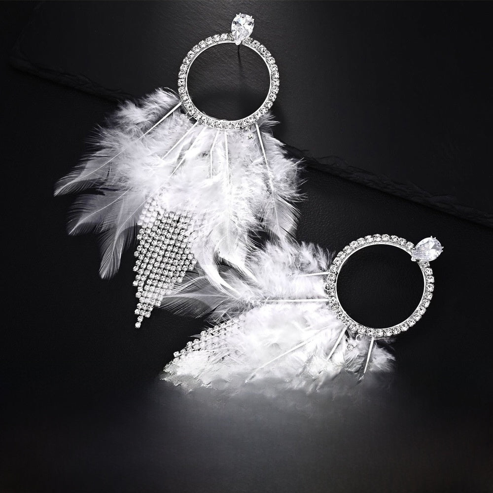 Feather Tassel Earrings For Unisex In Gothic Style With Silver Rhinestones Stud Design