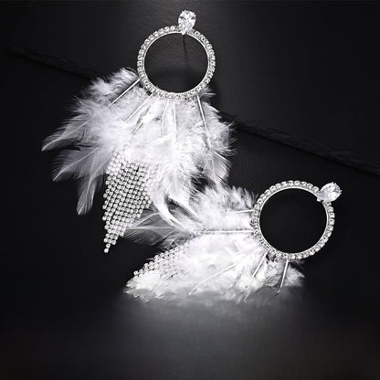 Feather Tassel Earrings For Unisex In Gothic Style With Silver Rhinestones Stud Design