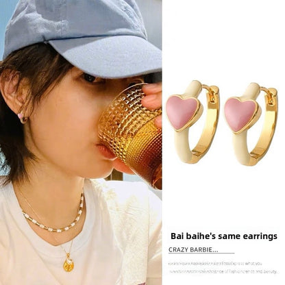 Elegant Heart Shape Stud Earrings In Red Featuring Copper Ear Pins With Asymmetrical Design