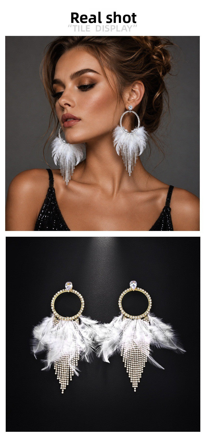 Feather Tassel Earrings For Unisex In Gothic Style With Silver Rhinestones Stud Design