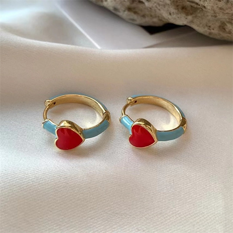 Elegant Heart Shape Stud Earrings In Red Featuring Copper Ear Pins With Asymmetrical Design