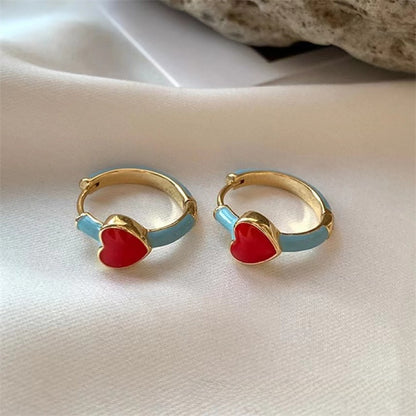 Elegant Heart Shape Stud Earrings In Red Featuring Copper Ear Pins With Asymmetrical Design