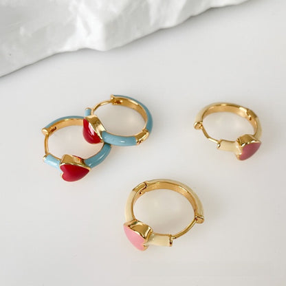 Elegant Heart Shape Stud Earrings In Red Featuring Copper Ear Pins With Asymmetrical Design