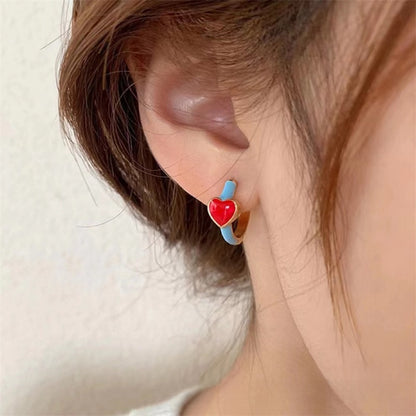 Elegant Heart Shape Stud Earrings In Red Featuring Copper Ear Pins With Asymmetrical Design
