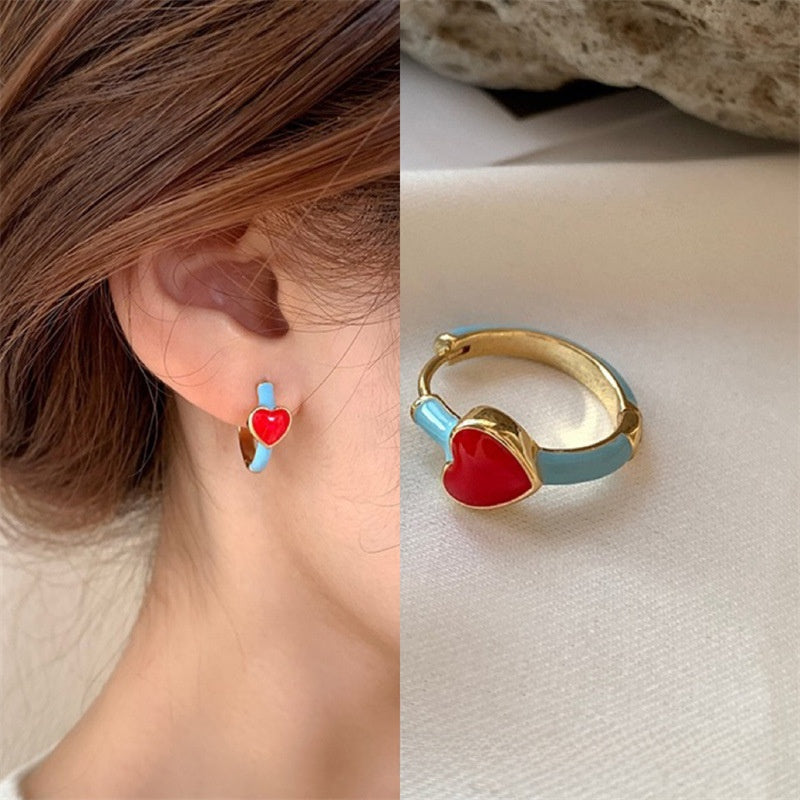 Elegant Heart Shape Stud Earrings In Red Featuring Copper Ear Pins With Asymmetrical Design