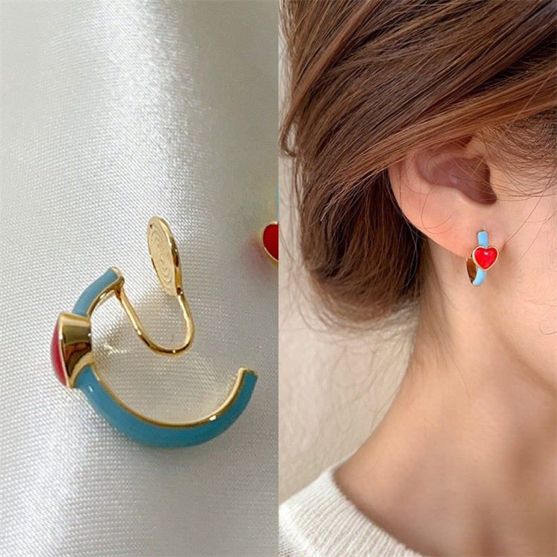 Elegant Heart Shape Stud Earrings In Red Featuring Copper Ear Pins With Asymmetrical Design