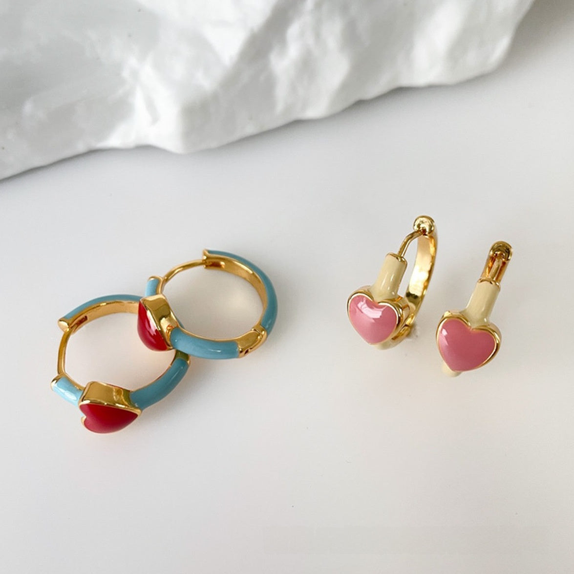 Elegant Heart Shape Stud Earrings In Red Featuring Copper Ear Pins With Asymmetrical Design
